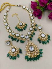 Maahira Designer Long Green Kundan Wedding Necklace Set With Tikka - Traditional Jewelry