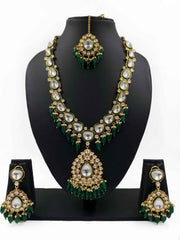 Maahira Designer Long Green Kundan Wedding Necklace Set With Tikka - Traditional Jewelry