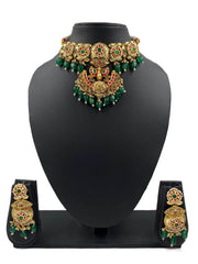 Meenakshi Jadau Antique Golden Peacock Design Choker Necklace Set For Weddings