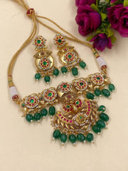 Meenakshi Jadau Antique Golden Peacock Design Choker Necklace Set For Weddings