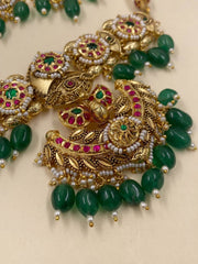 Meenakshi Jadau Antique Golden Peacock Design Choker Necklace Set For Weddings