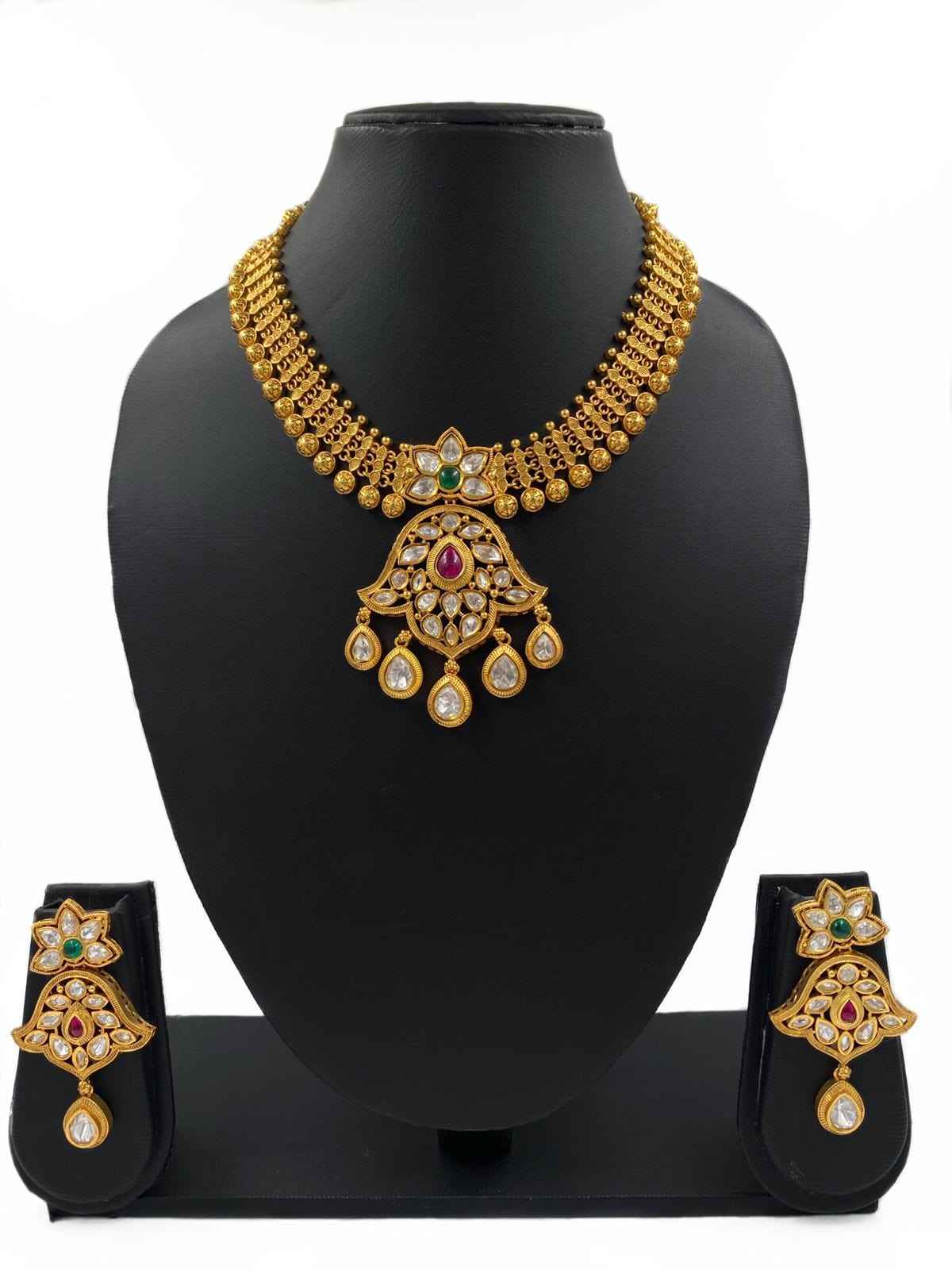 Modern Look Kundan & Ruby Stone Studded Golden Necklace Set By Gehna shop