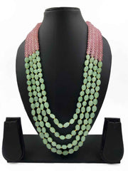 Unisex Layered Semi Precious Mint Green And Pink Jade Long Beaded Necklace - Gemstone Beads Jewelry