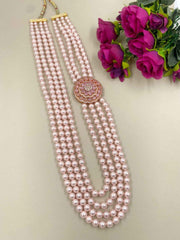 Multilayered Rose Pink Shell Pearls Necklace With Side Brooch For Men And Women