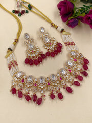 Designer Rose Gold Polish Red Kundan Polki Choker Necklace For Weddings And Parties