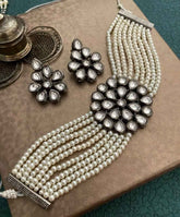 Oxidised Kundan With Pearls Choker Necklace Set Handcrafted For Ladies