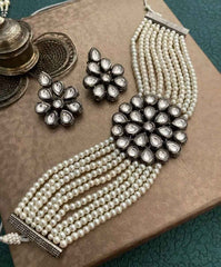 Oxidised Kundan With Pearls Choker Necklace Set Handcrafted For Ladies