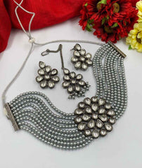 Oxidized Kundan Choker Necklace Set With Tikka Grey Pearls By Gehna Shop