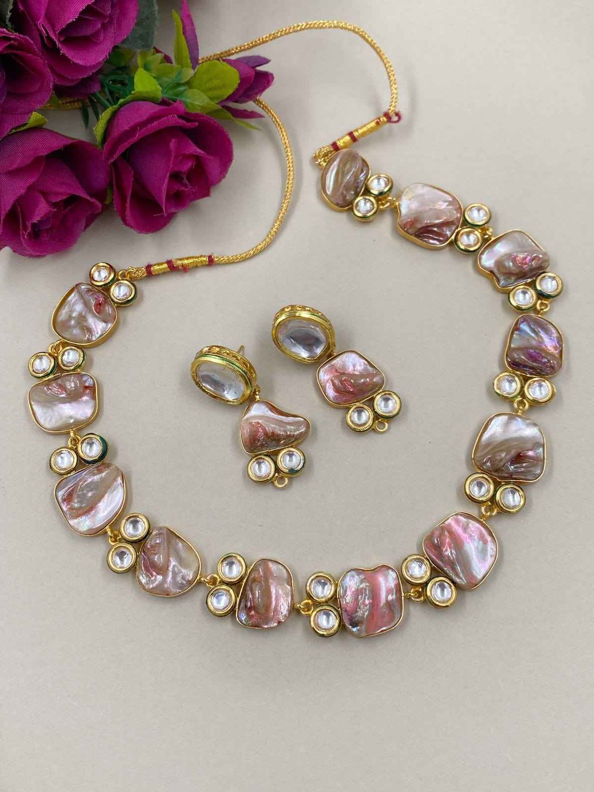 Pastel Pink Mother Of Pearl And Kundan Statement Necklace For Women