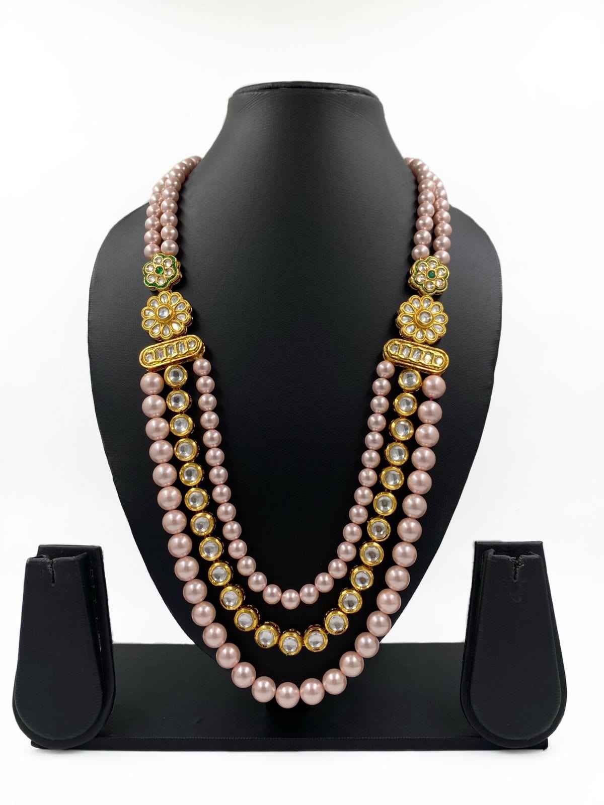 Real Rose Pink Shell Pearls And Kundan Beads Mala Necklace For Men And Women