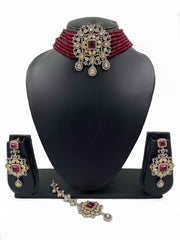 Red AD Choker Necklace Set With Maang Tikka For Weddings By Gehna Shop