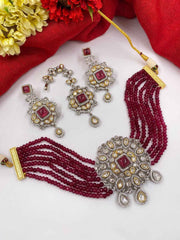 Red AD Choker Necklace Set With Maang Tikka For Weddings By Gehna Shop