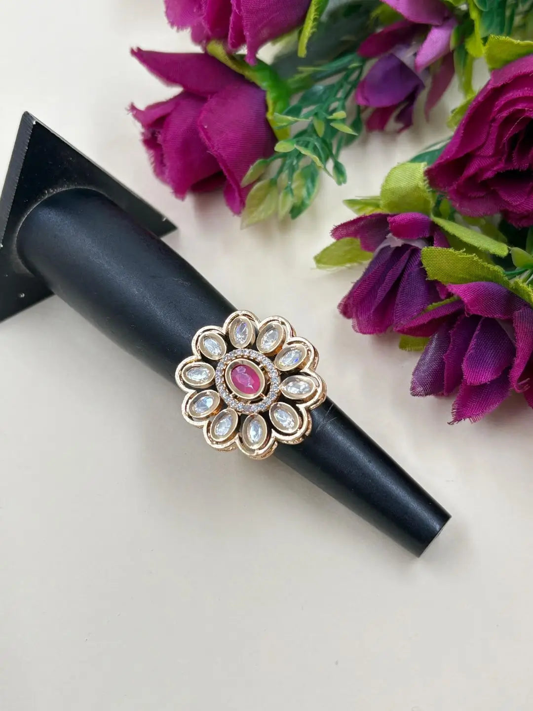 Elegant Rose Gold Plated Polki Kundan Adjustable Ruby Pink Ring For Women