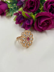 Elegant Rose Gold Plated Polki Kundan Adjustable Ring For Women