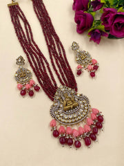 Antique Victorian Lord Ganpati Temple Jewellery Necklace Set With Layered red jade Beads