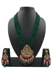 Antique Victorian Lord Ganpati Temple Jewellery Necklace Set With Layered green jade Beads