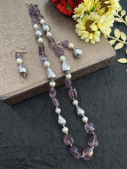 Semi Precious Amethyst And Pearls Fancy Beads Necklace For Women - Gemstone Purple Beads Jewelry