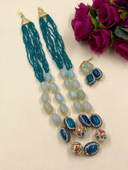 Semi Precious Aqua Color Onyx Stone And Blue Hydro Beads Necklace For Women Beads Jewellery