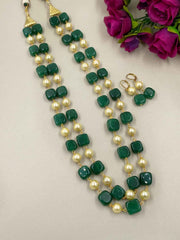 Long Semi Precious Double Layered Jade Beaded Necklace Set - Elegant Beaded Jewelry For Women