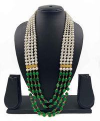 Semi Precious Green Jade And Pearls Multilayered Grooms Necklace For Men