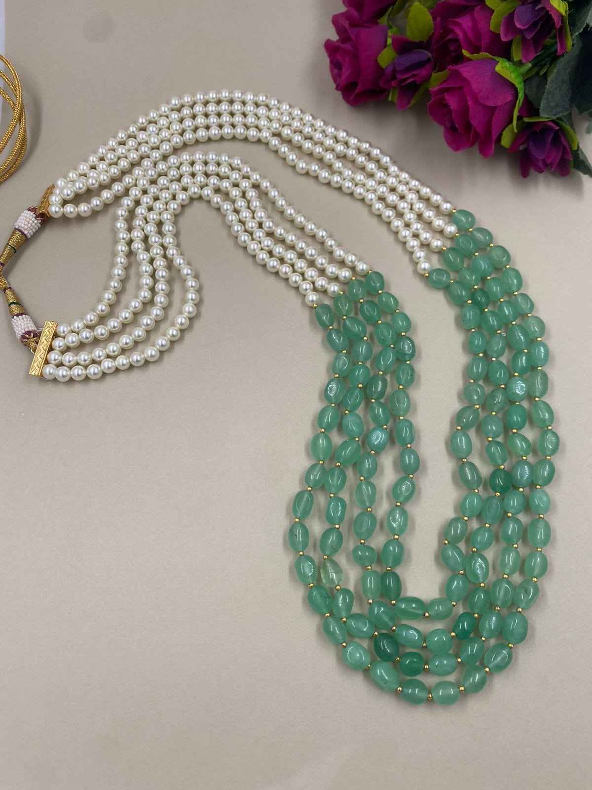 Semi Precious Layered Mint Green Jade And Real Shell Pearl Beads Sherwani Mala For Men