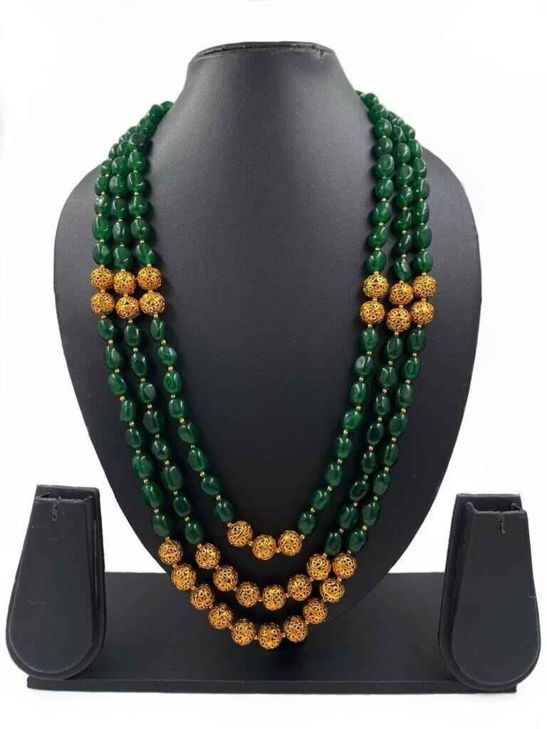 Semi Precious Multi Layered Green Jade Stone Beads Long Necklace By Gehna Shop