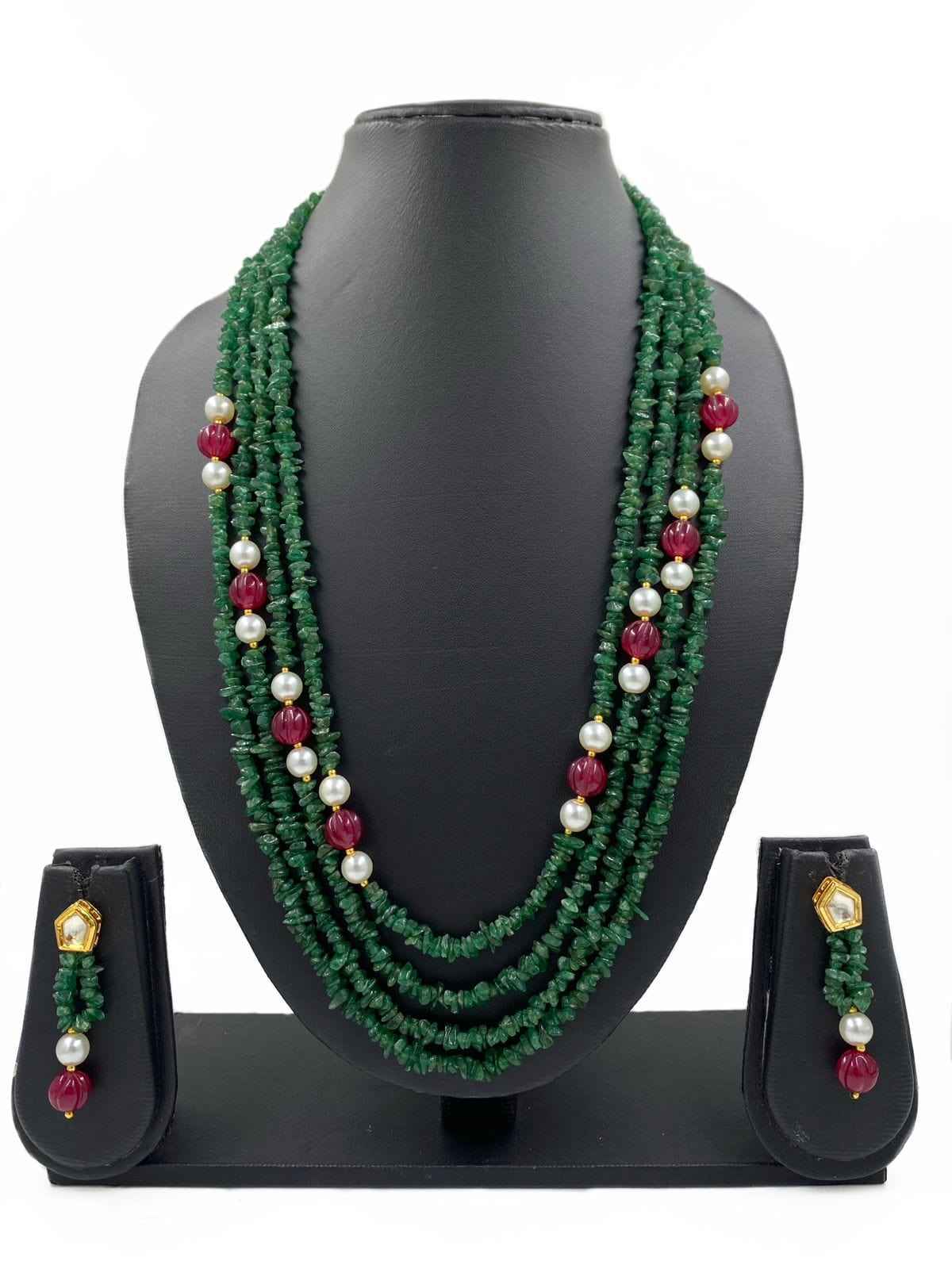 Semi Precious Multilayered Long Green Jade Uncut Beads Necklace For Women