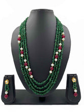 Semi Precious Multilayered Long Green Jade Uncut Beads Necklace For Women