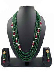 Semi Precious Multilayered Long Green Jade Uncut Beads Necklace For Women