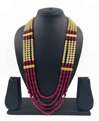 Semi Precious Red Jade And Pearls Multilayered Grooms Necklace For Men