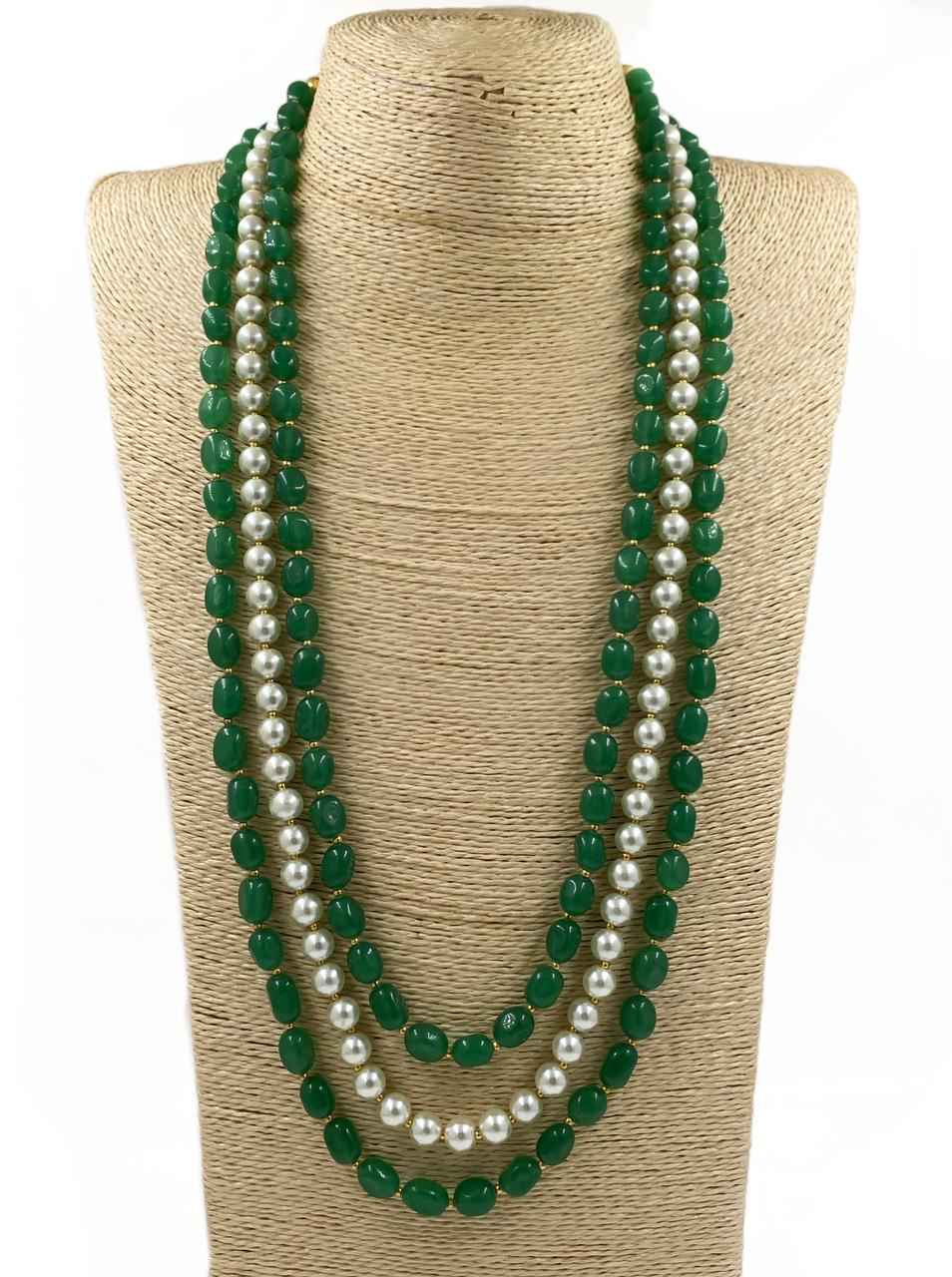 Semi Precious Triple Layered Green Jade And Pearl Mala Necklace For Men And Women