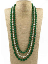 Semi Precious Triple Layered Green Jade And Pearl Mala Necklace For Men And Women