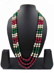 Semi Precious Triple Layered Multi Color Beaded Necklace For Grooms Sherwani - Gemstone Beaded Jewelry