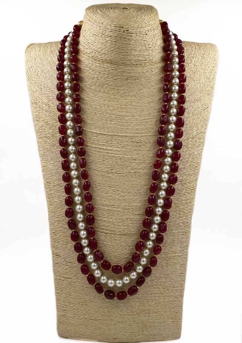 Semi Precious Triple Layered Red Jade And Pearl Mala Necklace For Men And Women