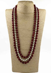 Semi Precious Triple Layered Red Jade And Pearl Mala Necklace For Men And Women