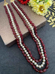 Semi Precious Triple Layered Red Jade And Pearl Mala Necklace For Men And Women