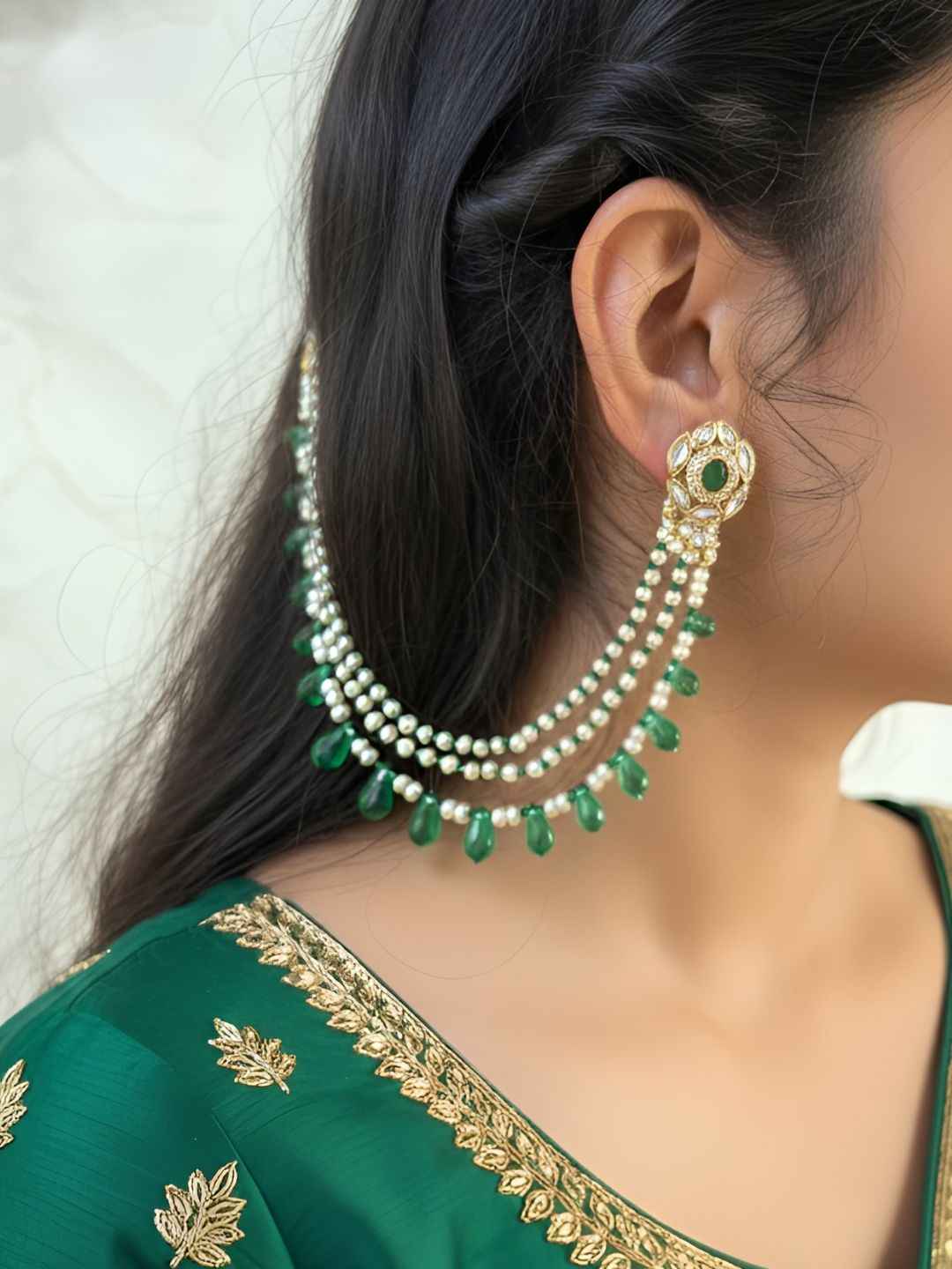 Designer Handcrafted Green Teardrop & Natural Freshwater Pearls Ear Chain For Women