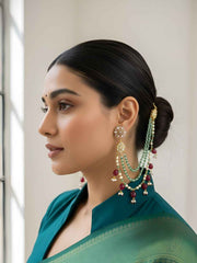 Designer Handcrafted Kundan Multicolor Beaded Earchain For Women - Traditional Hair Chain