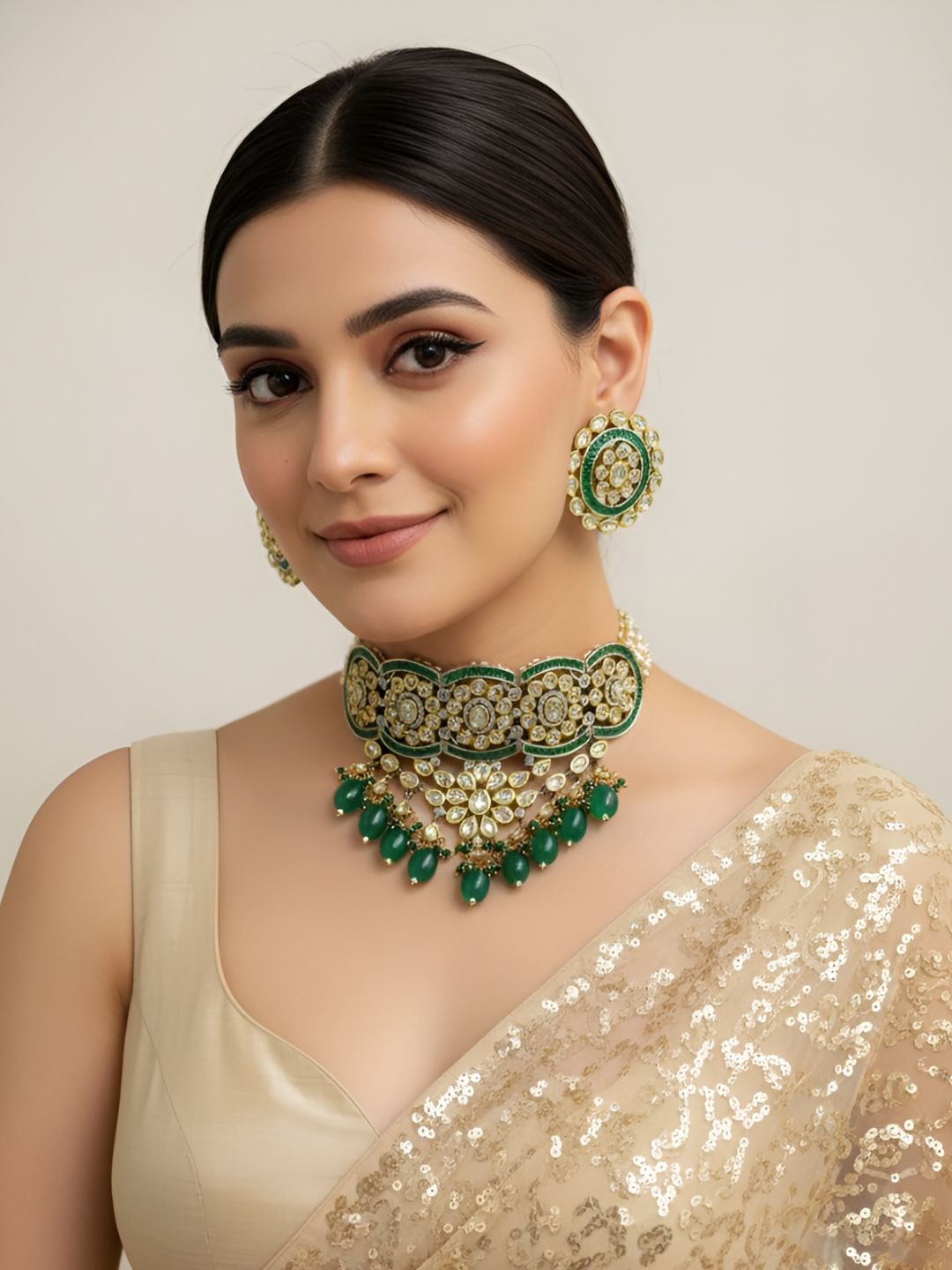 Designer Luxury Heavy Polki Kundan green Wedding Choker Set For Brides