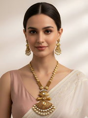 Traditional Look Studded Kundan Stones Long Golden Necklace Set By Gehna Shop