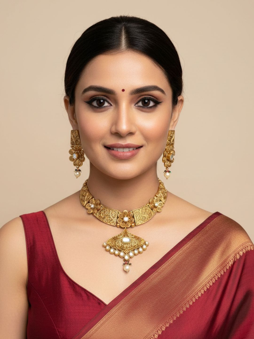 Traditional Gold Plated Bridal Antique Gold Necklace Set By Gehna Shop