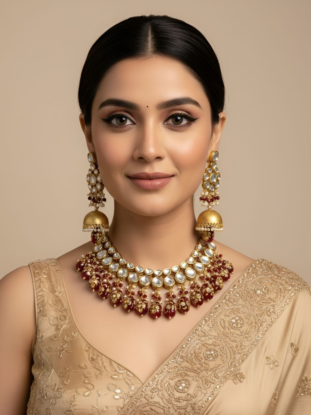 Traditional Gold Plated Kundan Necklace Set With Red Beads From Gehna Shop