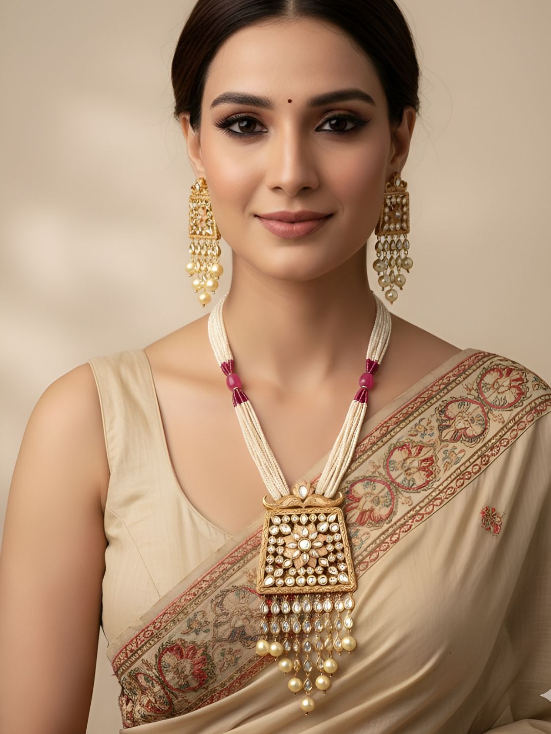 Gold Plated Designer Long Kundan Party Wear Necklace Set For Woman