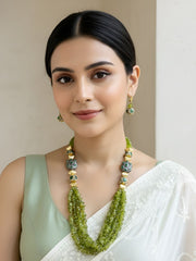 Designer Semi Precious Parrot Green Chips Peridot Beaded Necklace Set For Women