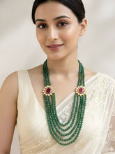 Unisex Semi Precious Long Multilayered Green Jade Beaded Necklace Set with Side Kundan Brooch by Gehna Shop