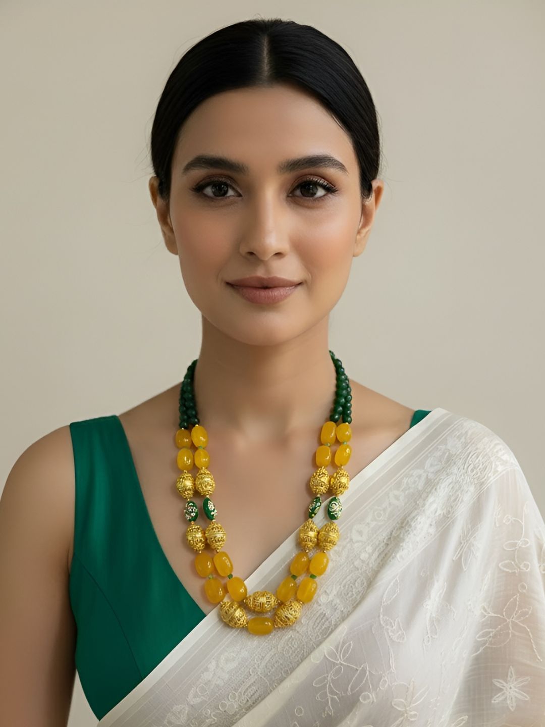 Designer Handcrafted Gemstone Statement Beaded Necklace Set by Gehna Shop – Semi Precious Jade Beads & Tanjore Beads