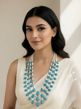 Designer Long Layered Real Pearl And Turquoise Drops Beaded Necklace