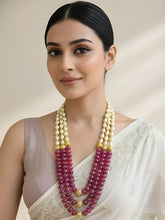Unisex Semi Precious Long Ruby Pink Quartz And Shell Pearl Beaded Necklace - Beaded Necklace For Sarees And Sherwani