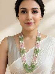 Long Triple Layered Semi Precious Jade Beads Necklace - Mint And Pink Color Beads Jewelry for women