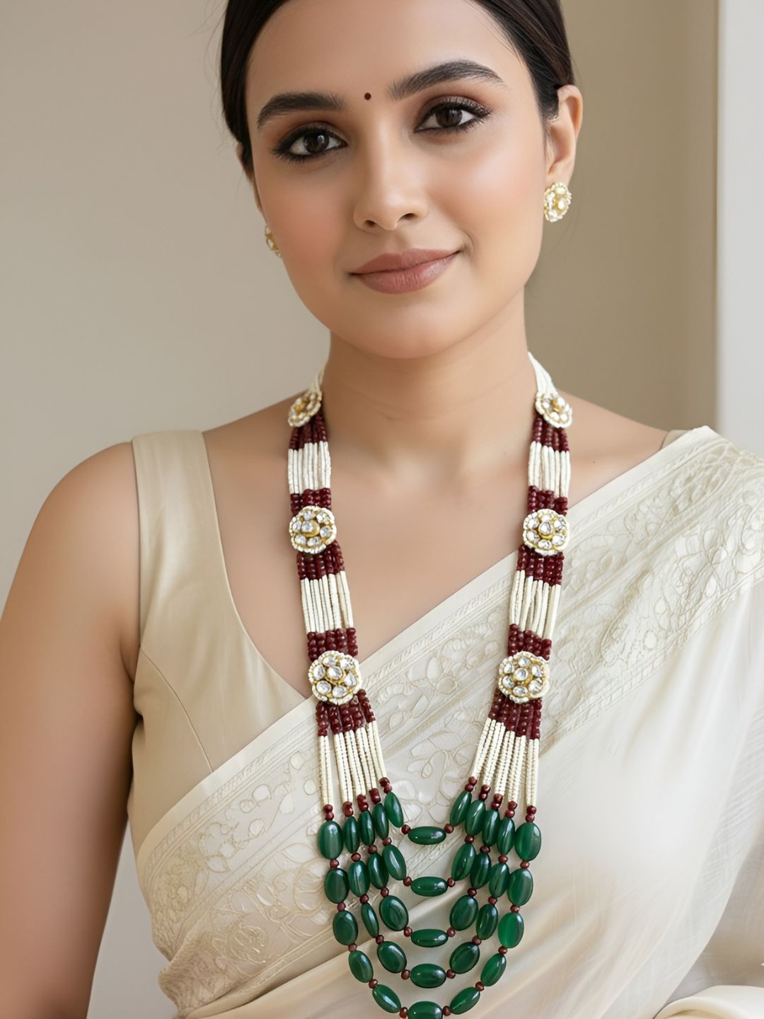 Designer Handmade Kundan And Semi Precious Multi Color Beaded Necklace Set For Sarees